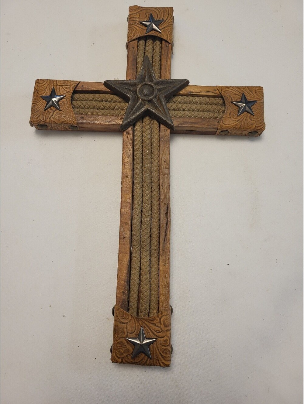 Rustic Western Style Wooden Cross Wall Decor with Star Accents 14"X9"